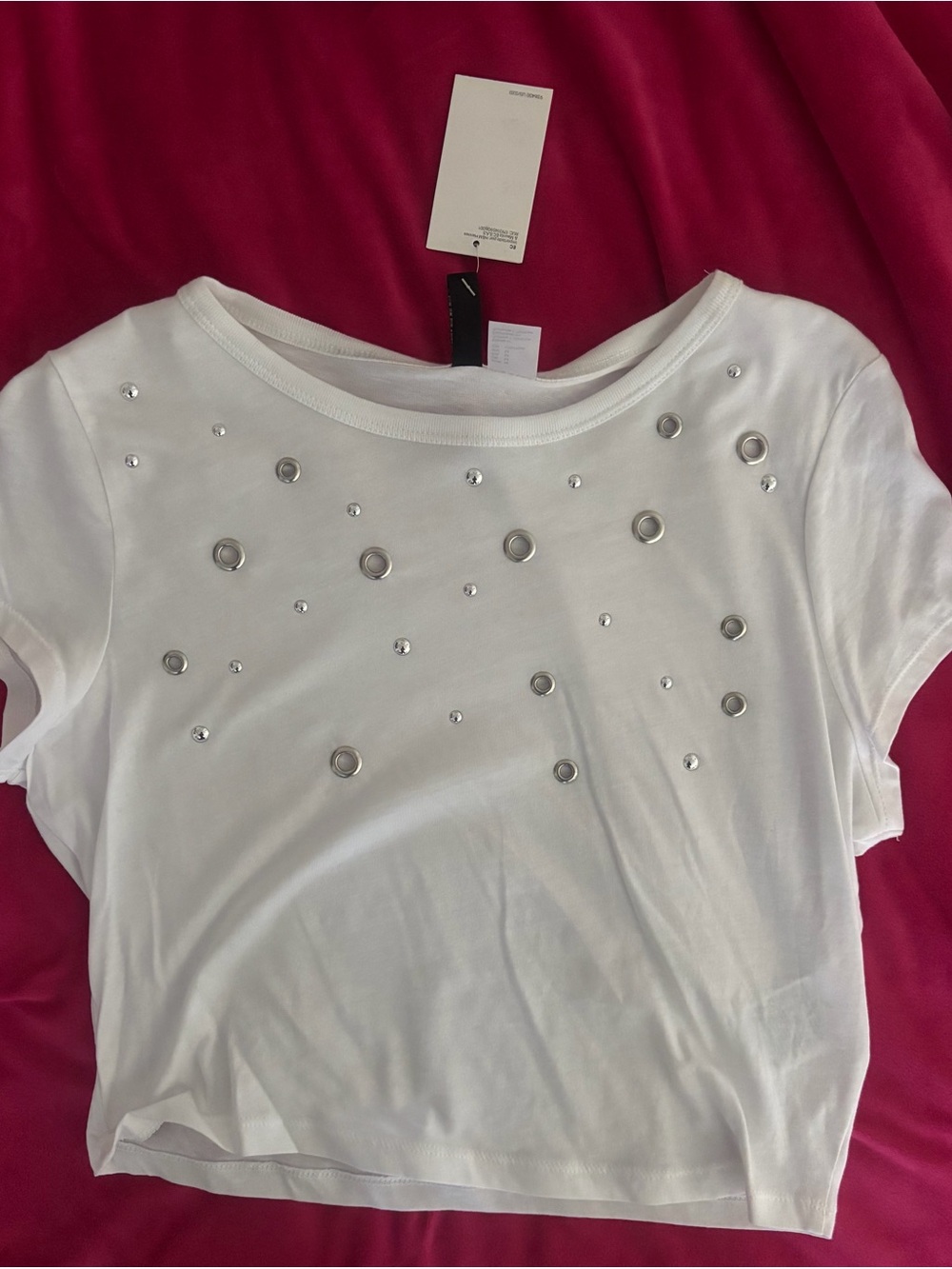 H&M White Short Sleeve Crop Top with Silver Eyelet Embellishments